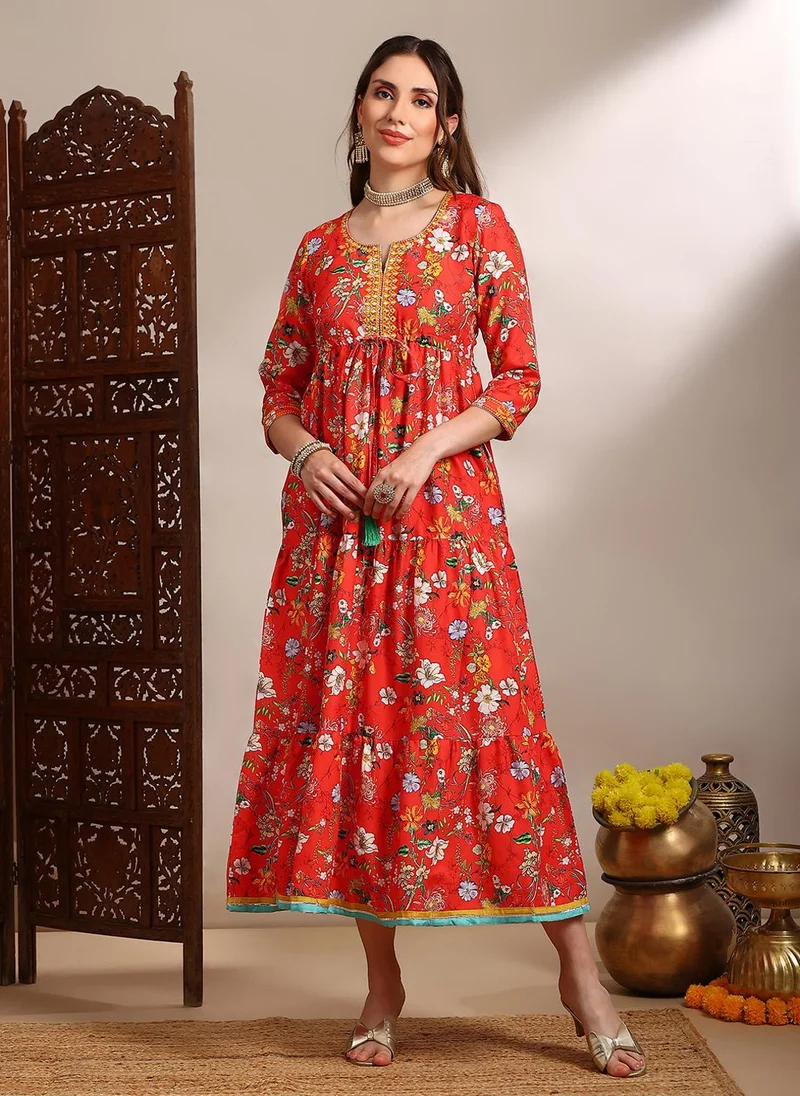 globus Globus Women Red Allover Floral Print Round V-Neck Embroidered & Mirror Work Waist Tie-Ups Tiered Fit & Flare Midi Festive Dress